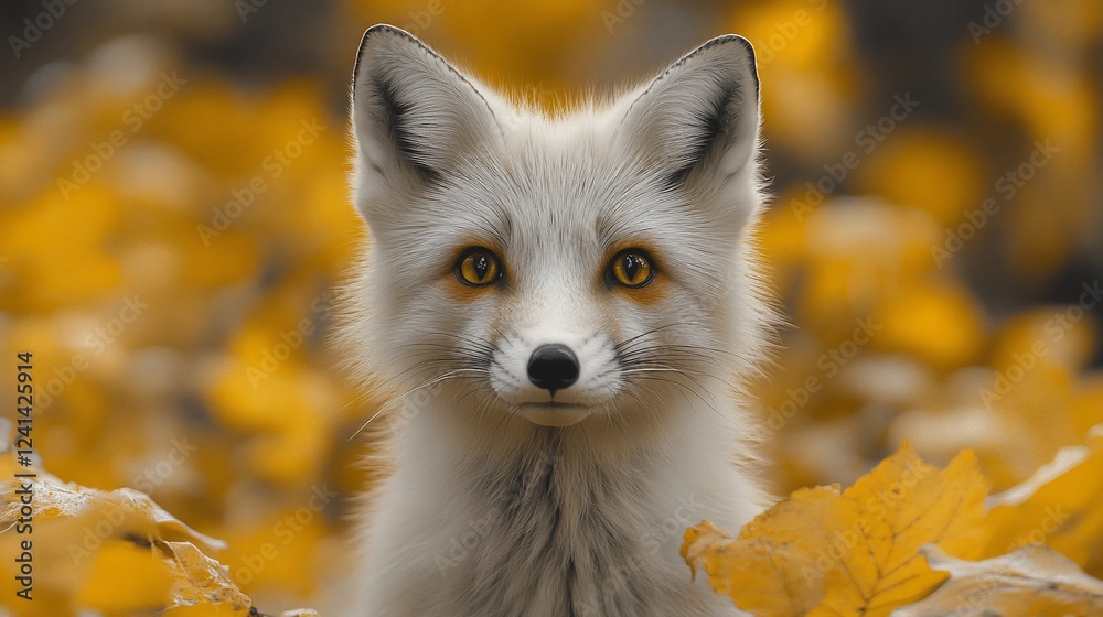 Fototapeta premium Arctic fox autumn leaves forest portrait wildlife