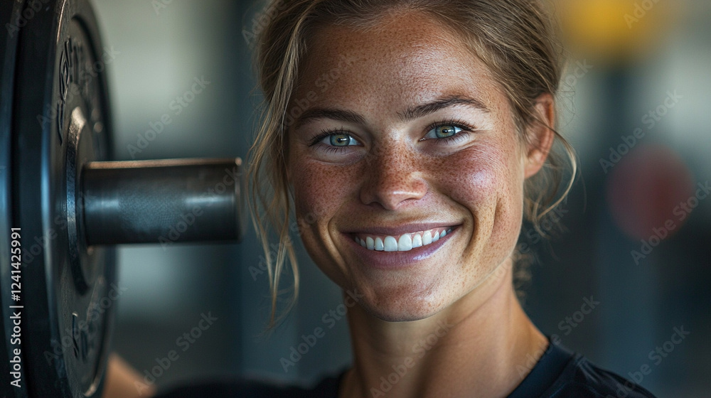 Obraz premium Smiling young woman lifting weights in gym showing determination, strength, and fitness with focused expression during workout session