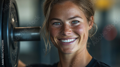 Smiling young woman lifting weights in gym showing determination, strength, and fitness with focused expression during workout session