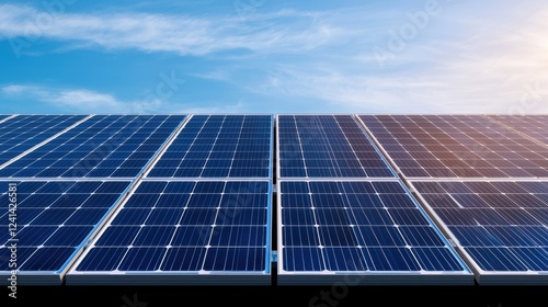 Solar Panels Under Blue Sky with Sunlight Reflection in Background