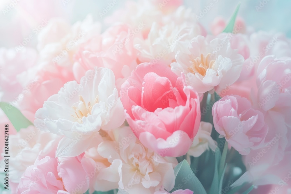 Fototapeta premium Soft Pastel Peonies and Tulips in Bloom with Delicate Petals and Lush Greenery