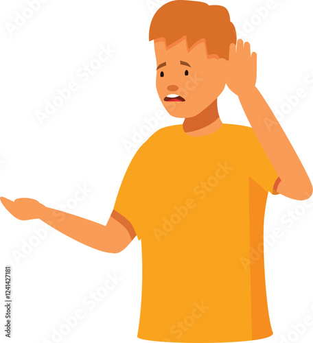 Confused boy trying to hear better holding his hand near his ear, misunderstanding and difficulty listening concept