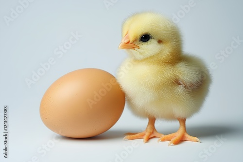 a fluffy yellow baby chick standing next to a smooth brown egg. The chick has soft, downy feathers, tiny beady eyes, and a small, pointed beak. One of its delicate orange feet is resting on the egg, s photo