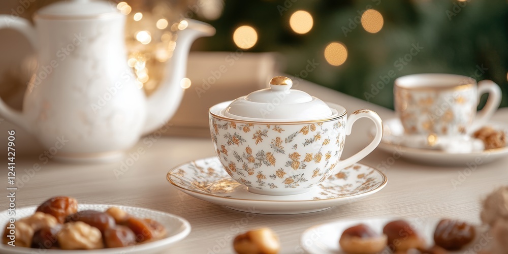 Fototapeta premium Elegant Porcelain Tea Set with Gold Detailing on a Festive Table Setting