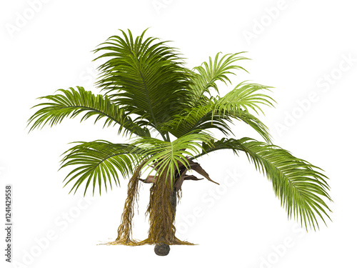 Single palm Tree isolated on white background. Ravenea hildebrandtii. big palm tree with green leaves on white background. Isolated palm tree on white background. side view of cutout palm tree leaves. photo