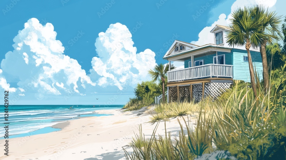 Fototapeta premium Beachy life illustrations celebrate carefree coastal living.