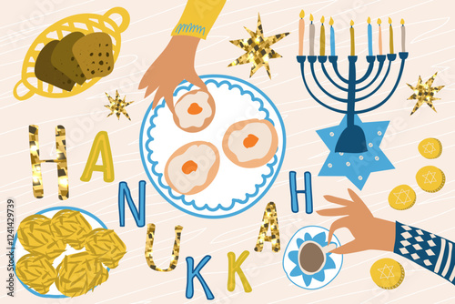 Happy Hanukkah. Vector illustration with  festive inscription. Traditional Jewish festival of light. Background for banner ,poster, web design, greeting card.