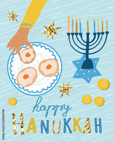 Happy Hanukkah. Vector illustration with  festive inscription. Traditional Jewish festival of light. Background for banner ,poster, web design, greeting card.