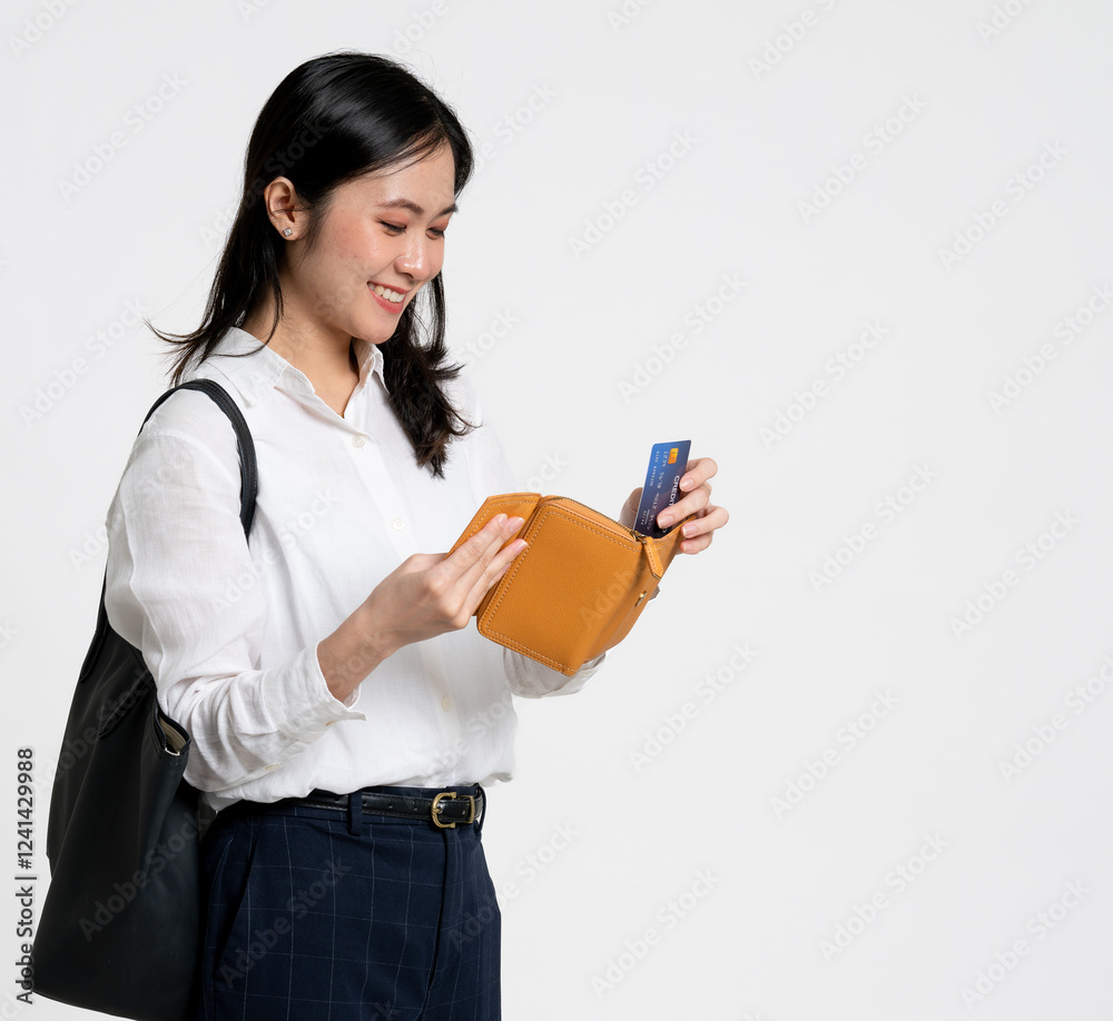 Beautiful Asian woman with credit card and smartphone in hand Beautiful Asian woman with credit card and smartphone in hand