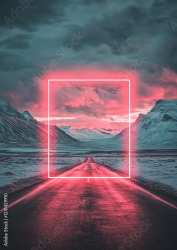 Neon square frame on a road in a mountainous area