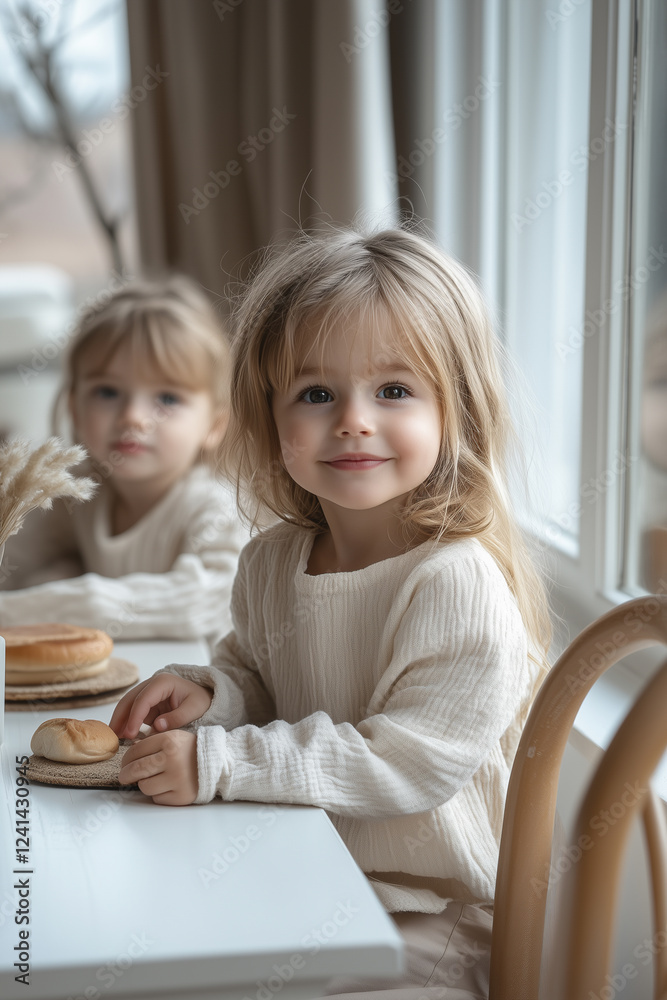 Joyful children sharing a light snack at a bright indoor table during a cozy morning. Generative AI Joyful children sharing a light snack at a bright indoor table during a cozy morning. Generative AI