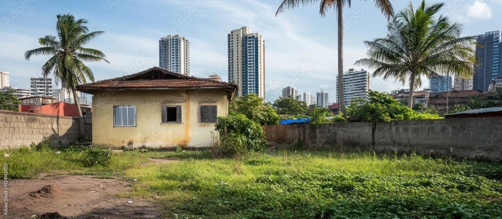 Obraz premium Abandoned house, overgrown lot, city backdrop, tropical setting; real estate