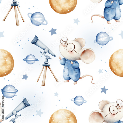 Wallpaper Mural Funny mouse looks through a telescope at the stars. Cute kids wallpaper in watercolor style Torontodigital.ca