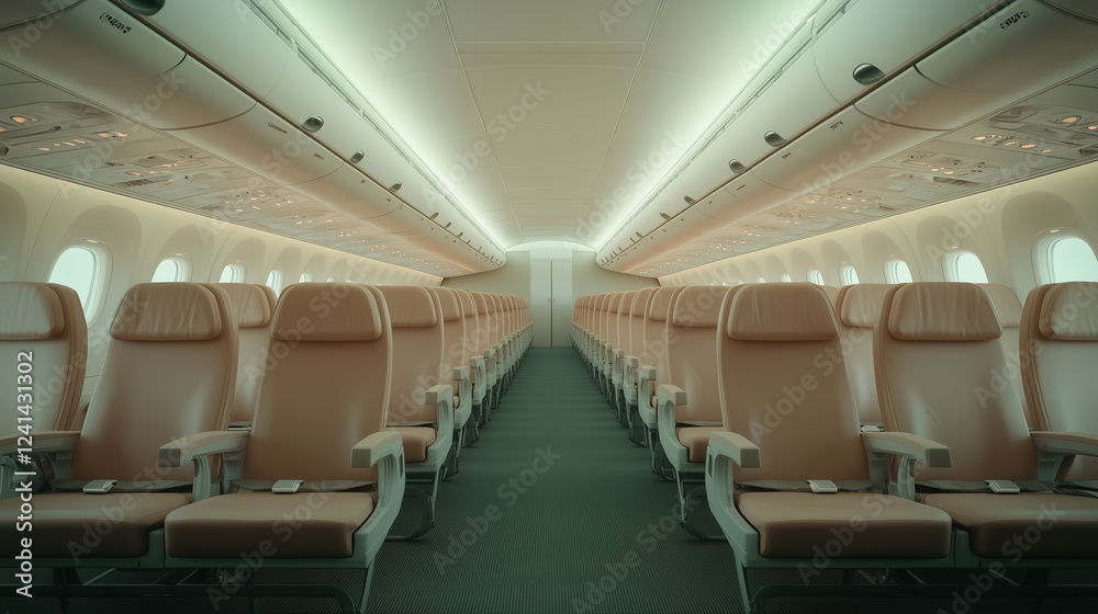 Fototapeta premium Interior view of an empty airplane cabin with comfortable seating during a calm daylight setting. Generative AI