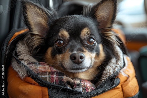 In the airport hall, a tiny black dog rests in its carrier, amidst suitcases and luggage, signaling the journey of traveling with pets photo