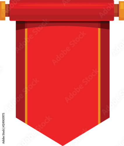 Red royal pennant with golden borders hanging on wooden rollers isolated on white background