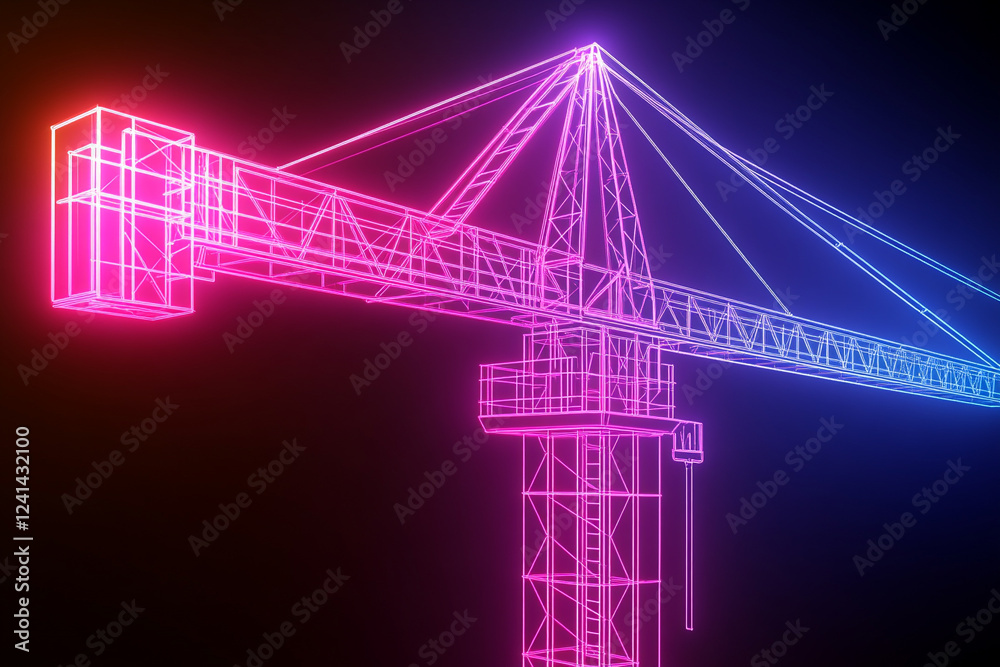 Bright neon construction crane stands tall against a dark backdrop, showcasing modern engineering and technology in an urban setting at night Bright neon construction crane stands tall against a dark backdrop, showcasing modern engineering and technology in an urban setting at night