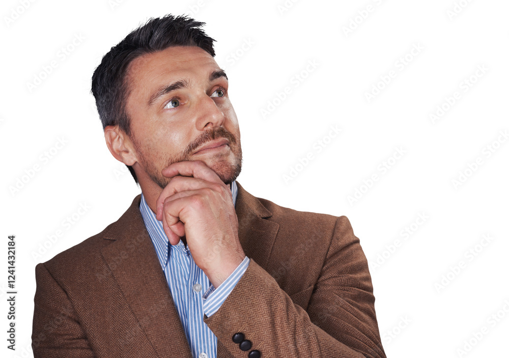 Face, thinking and a mature business man isolated on a transparent background for planning or problem solving. Idea, vision and future with a confident employee in a suit on PNG for professional work Face, thinking and a mature business man isolated on a transparent background for planning or problem solving. Idea, vision and future with a confident employee in a suit on PNG for professional work