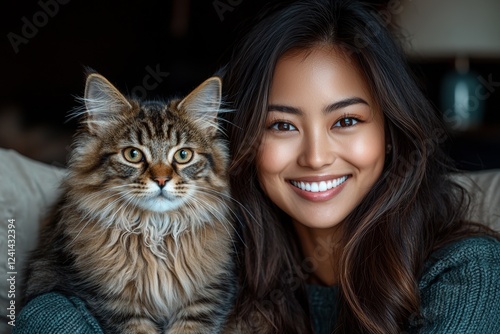 Young Asian female millennial owner, grinning as she holds her affectionate long-haired, fat, tabby purebred kitty cat in the living room of her home photo