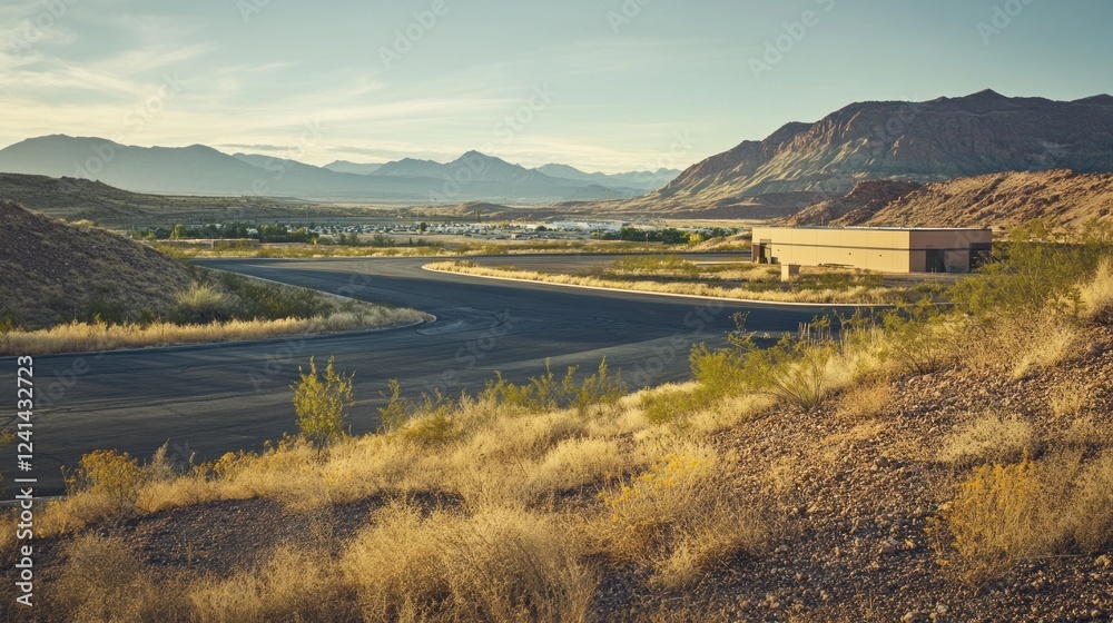 Naklejka premium Desert airstrip sunrise, hangar, mountains, plane parking, travel