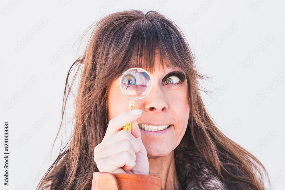 Ein Frau mit brünetten Haare schaut durch eine Lupe Ein Frau mit brünetten Haare schaut durch eine Lupe