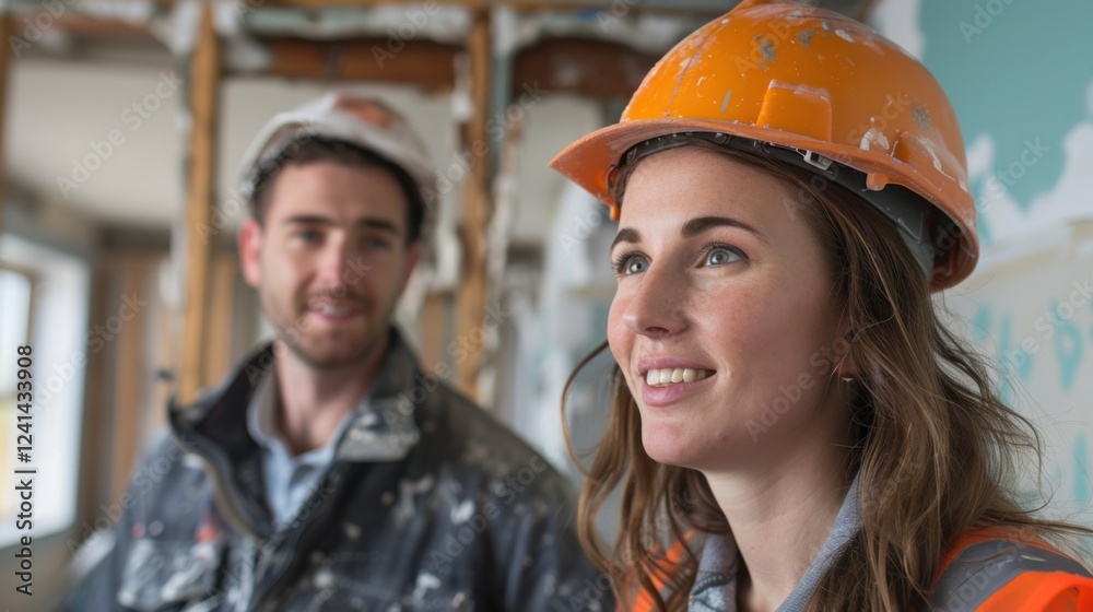 Client and engineer discussing ventilation systems in a room under construction Client and engineer discussing ventilation systems in a room under construction