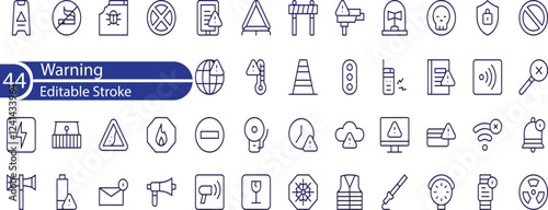 Exclamation mark, alert, warning and error concept editable stroke outline icons set isolated on white background flat vector illustration.