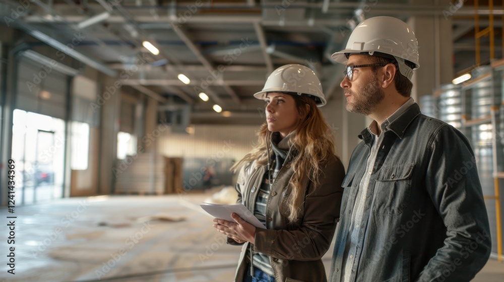 Client and engineer discussing ventilation systems in a room under construction Client and engineer discussing ventilation systems in a room under construction