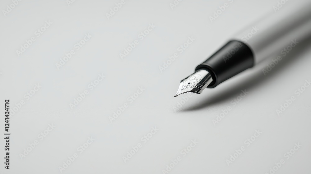 Elegant silver fountain pen with a detailed nib positioned on a clean white background for artistic and professional purposes Elegant silver fountain pen with a detailed nib positioned on a clean white background for artistic and professional purposes