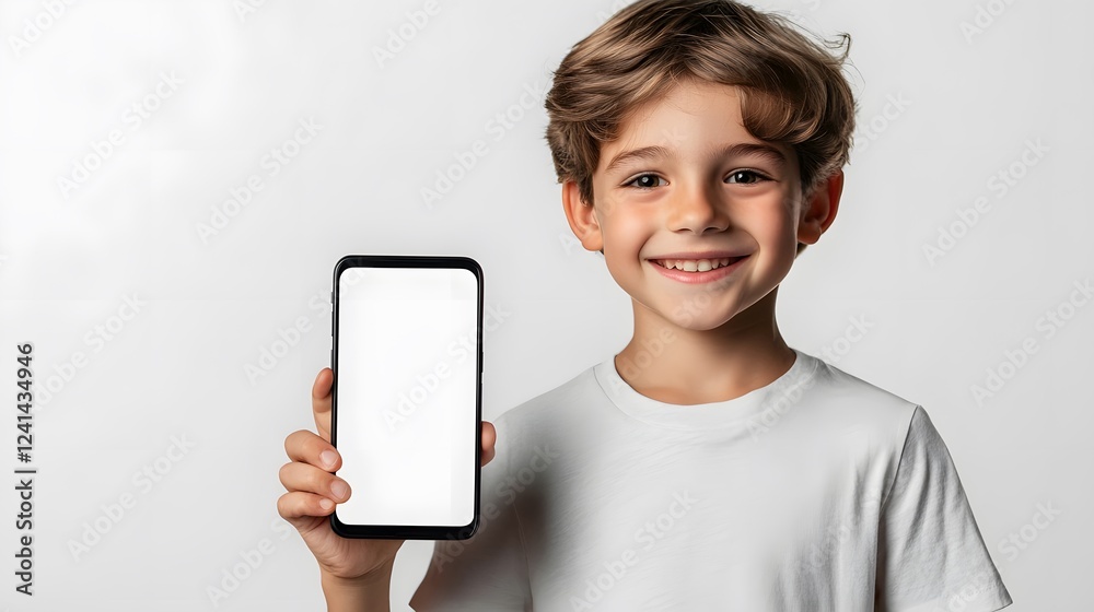 Young Boy Smiling While Holding a Smartphone with Blank Screen Young Boy Smiling While Holding a Smartphone with Blank Screen