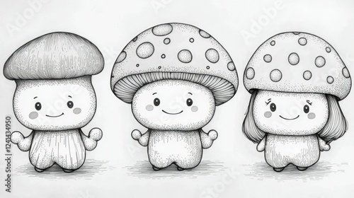 Three Adorable Mushroom Character Drawings photo