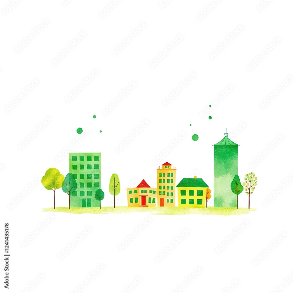 Sustainable Green Building Design: Artistic Watercolor Illustrations on Textured Canvas Sustainable Green Building Design: Artistic Watercolor Illustrations on Textured Canvas