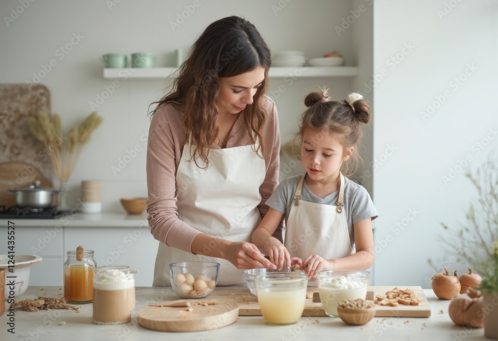 Woman and daughter cooking together in the kitchen Woman and daughter cooking together in the kitchen