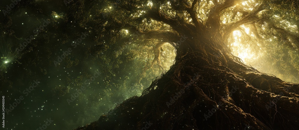 Obraz premium Ancient tree roots, mystical forest, starlight background, fantasy art