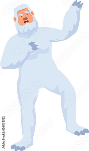 Funny cartoon yeti or bigfoot having fun, pointing with finger, huge mythical creature