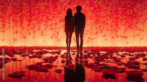 Magical Valentine's Day Setting: Silhouette of a Couple in Love with Radiant Rose Petals