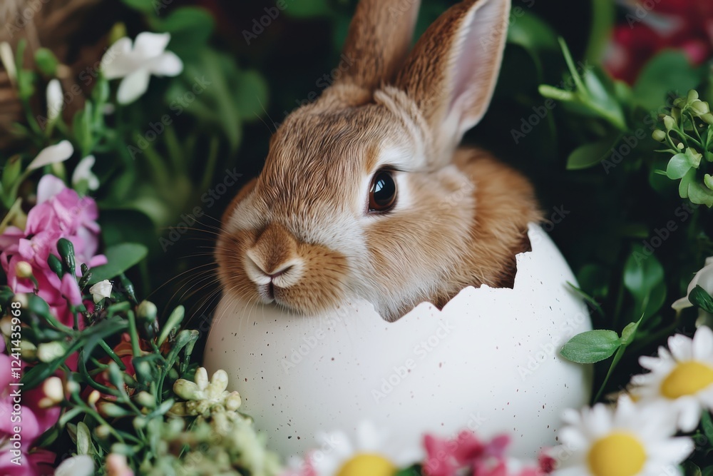 Fototapeta premium Festive bunny rabbit peeking from oversized easter egg colorful spring flower garden photography nature close-up adorable concept