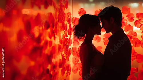 Tender Moment of Romance: Couple's Silhouette Highlighted by Luminous Rose Petals on Valentine's Day, сщзн ызфсу