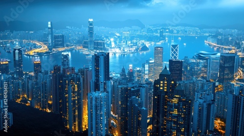 Wallpaper Mural Night cityscape, Hong Kong harbor, twilight, skyscrapers, aerial view, promotional Torontodigital.ca