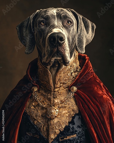 Pet royal petfluencer fashion style Regal dog in luxurious attire and rich textures. photo