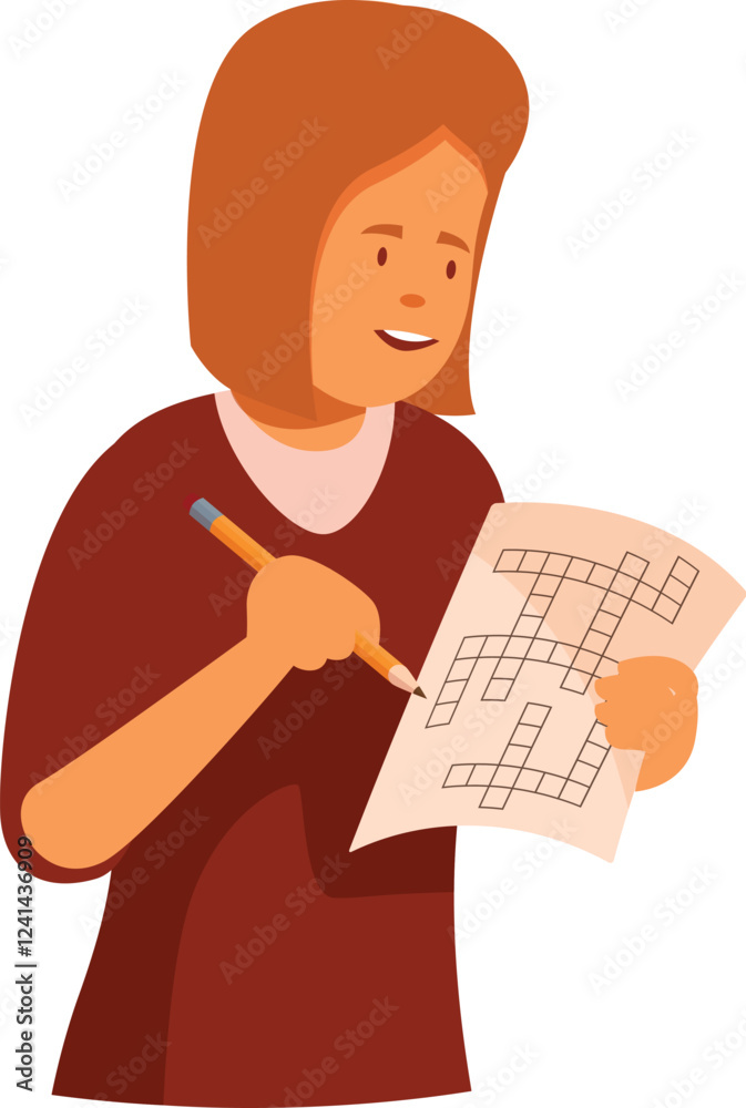 Woman concentrating on solving crossword puzzle, enjoying word search game and leisure activity Woman concentrating on solving crossword puzzle, enjoying word search game and leisure activity