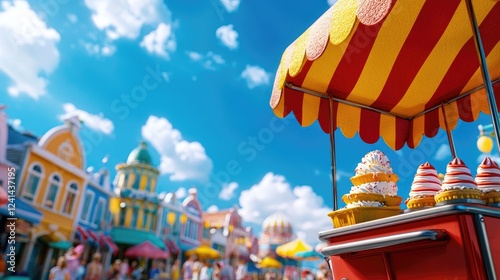 Colorful Ice Cream Stand Under Bright Blue Sky in Amusement Park