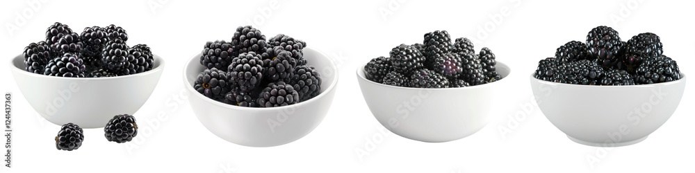 Blackberry in a white bowl isolated on transparent background, PNG, Set of Blackberry in a white bowl isolated on transparent background, PNG, Set of