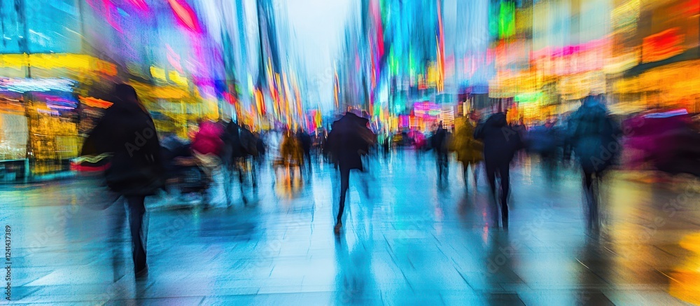 Obraz premium Blurry city street, vibrant lights, pedestrians rushing, nighttime urban scene