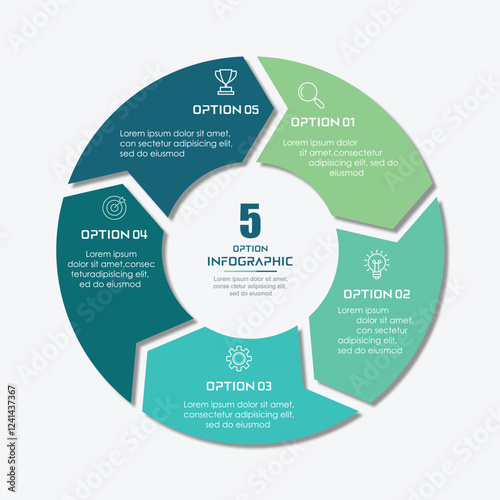 Business infographics. Chart with 5 steps, labels, options, circles. Vector infographic elements, circle chart infographic template