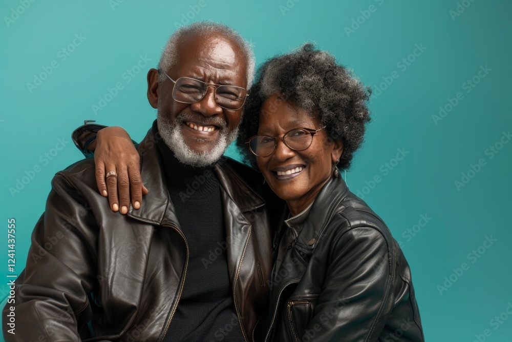 Portrait of a cheerful afro-american couple in their 70s sporting a classic leather jacket isolated in soft teal background Portrait of a cheerful afro-american couple in their 70s sporting a classic leather jacket isolated in soft teal background