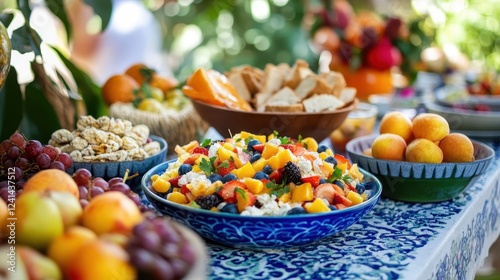 Local summer specialties from around the world, featuring regional fruits and snacks on a festive table, celebrating diverse cuisines and vibrant flavors. photo