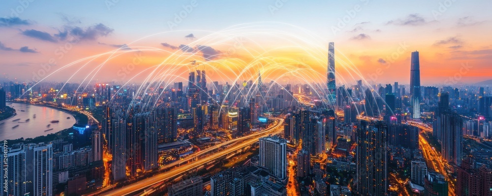 Fototapeta premium Sunset Cityscape Network Connections over Urban Skyline
