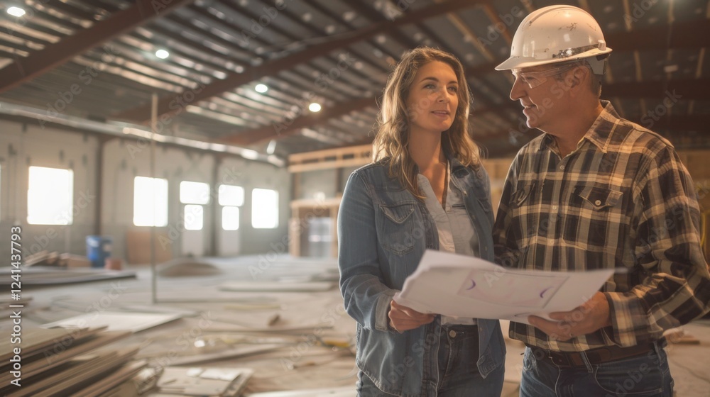 Client and engineer discussing ventilation systems in a room under construction Client and engineer discussing ventilation systems in a room under construction