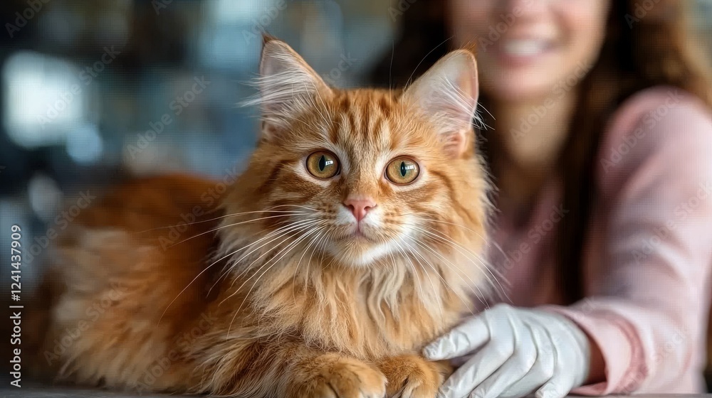 Young, beautiful cat mom pets and holds the kitten to soothe it down Young, beautiful cat mom pets and holds the kitten to soothe it down